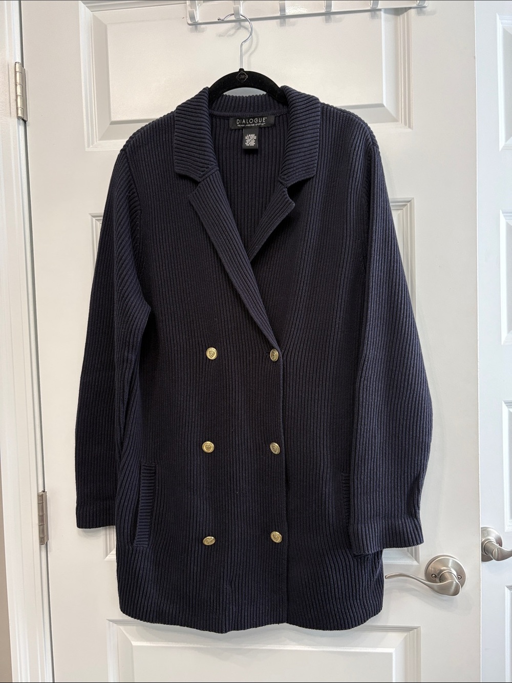 Dialogue Navy Double-Breasted Ribbed Knit Sweater Coat